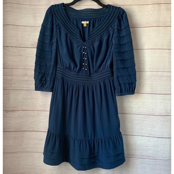 Leifsdottir Blue Dress Gold Beads Tiered Ruffle 3/4 Sleeve Twilight Alice Size 4 - Picture 1 of 16